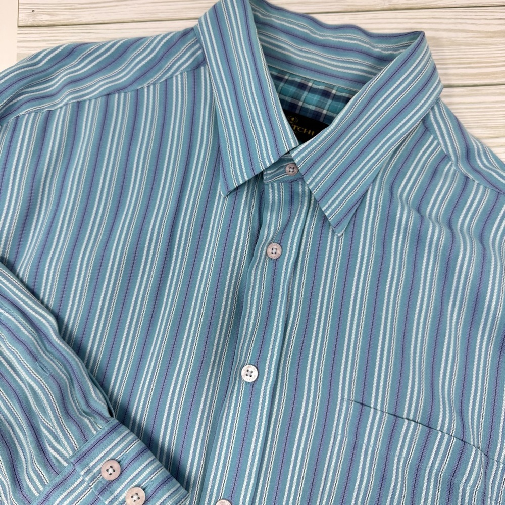 Bugatchi Men’s Blue Casual Button Down Shirt with Stripes Long Sleeves XXL